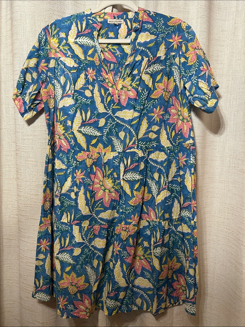 Blue Floral Short Sleeve V-Neck Dress